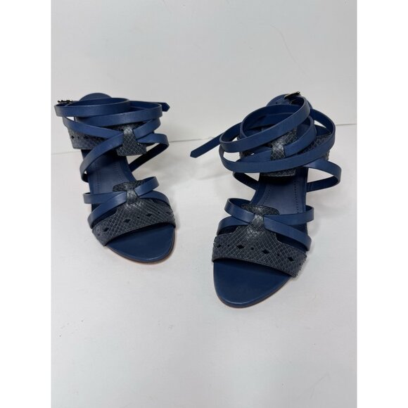 Tod’s Blue 4” Heel Leather Ankle Strappy Tie Sandal 38 Size 8 MINT - Picture 2 of 11